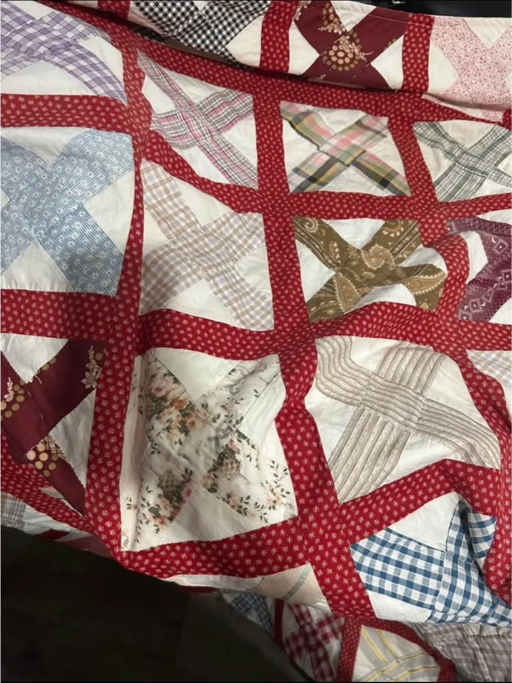 Vintage Red Grid X Patchwork Quilt - Multi Color